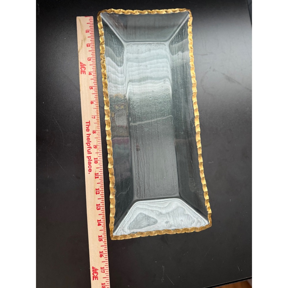Smoky Grey Glass Rectangular Serving Tray Gold Scalloped Rim Textured 14.5x5.5